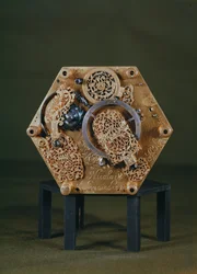 Underneath of a hexagonal table clock movement by Nicolas Lemaindre, 1619